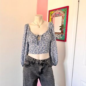 Wild Fable Blue And White Floral Tie-Front Cropped Blouse